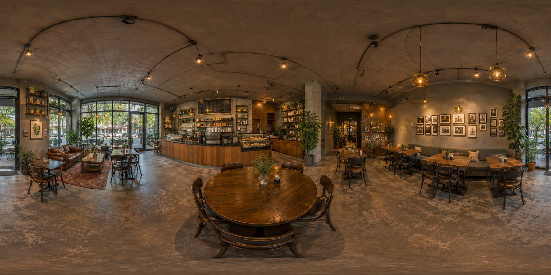 Interior kafe bernuansa hangat dengan sentuhan kayu dan tanaman